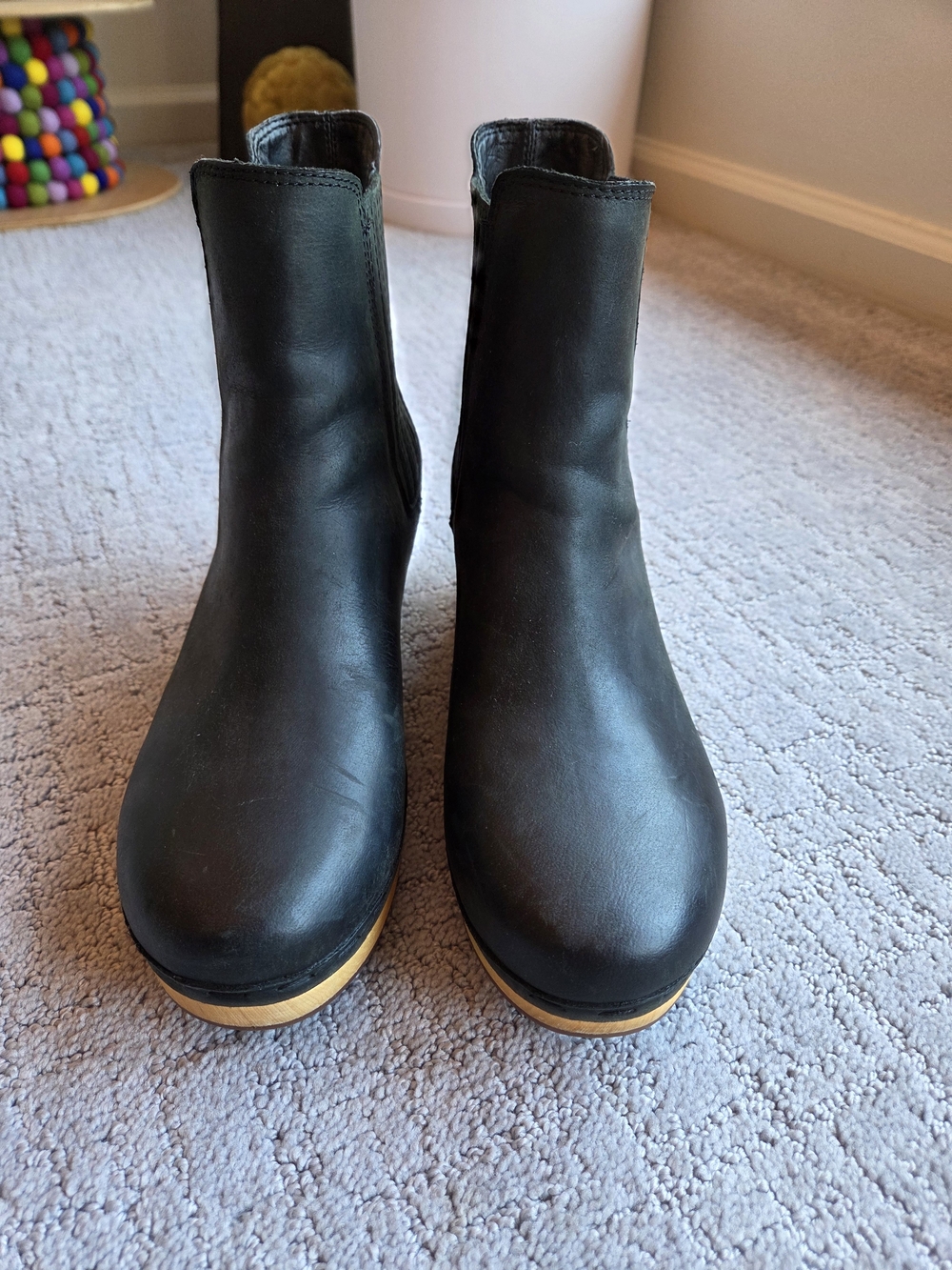 FRYE AND CO. Odessa Black Oiled Leather Chelsea Booties with Wood Clog Sole